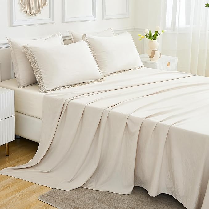 Andency King Size Comforter Set 7 Pieces, Beige Bed in a Bag King Fluffy Boho Tassel Bed Set, Cream Fringe Bedding Set with Quilt Comforter, Sheets, Pillowcases & Shams
