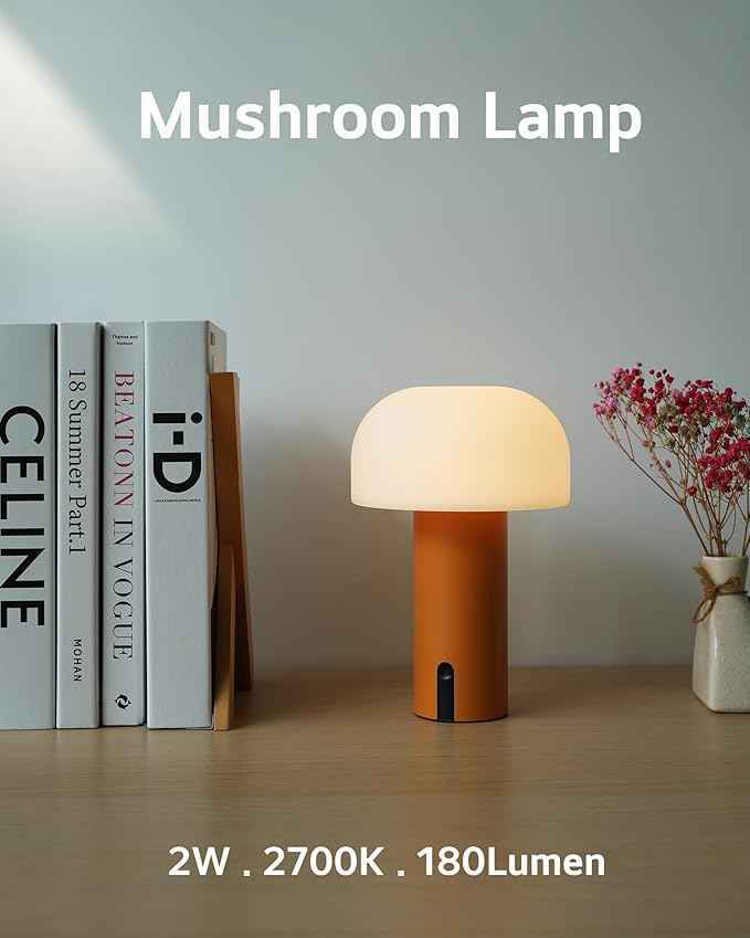 Cordless Mushroom Table Lamp, Waterproof Shower Lamp, Battery Operated Table Lamp Rechargeable, Touch Dimmable Night Light for Bedroom/Patio/Camping/Dinning/Outdoor (Orange)
