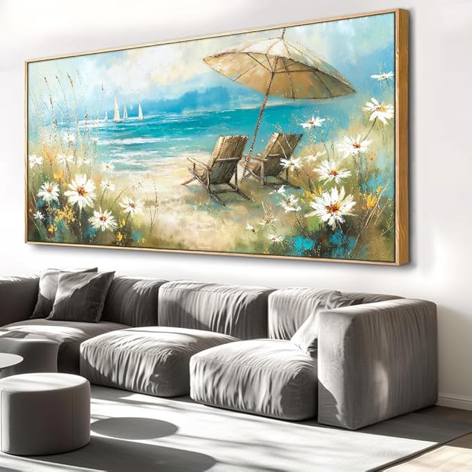 Beach Landscape Wall Art - Framed Modern Canvas Painting for Living Room, Bedroom Home Office Decor, 40x20 Inch Ready to Hang