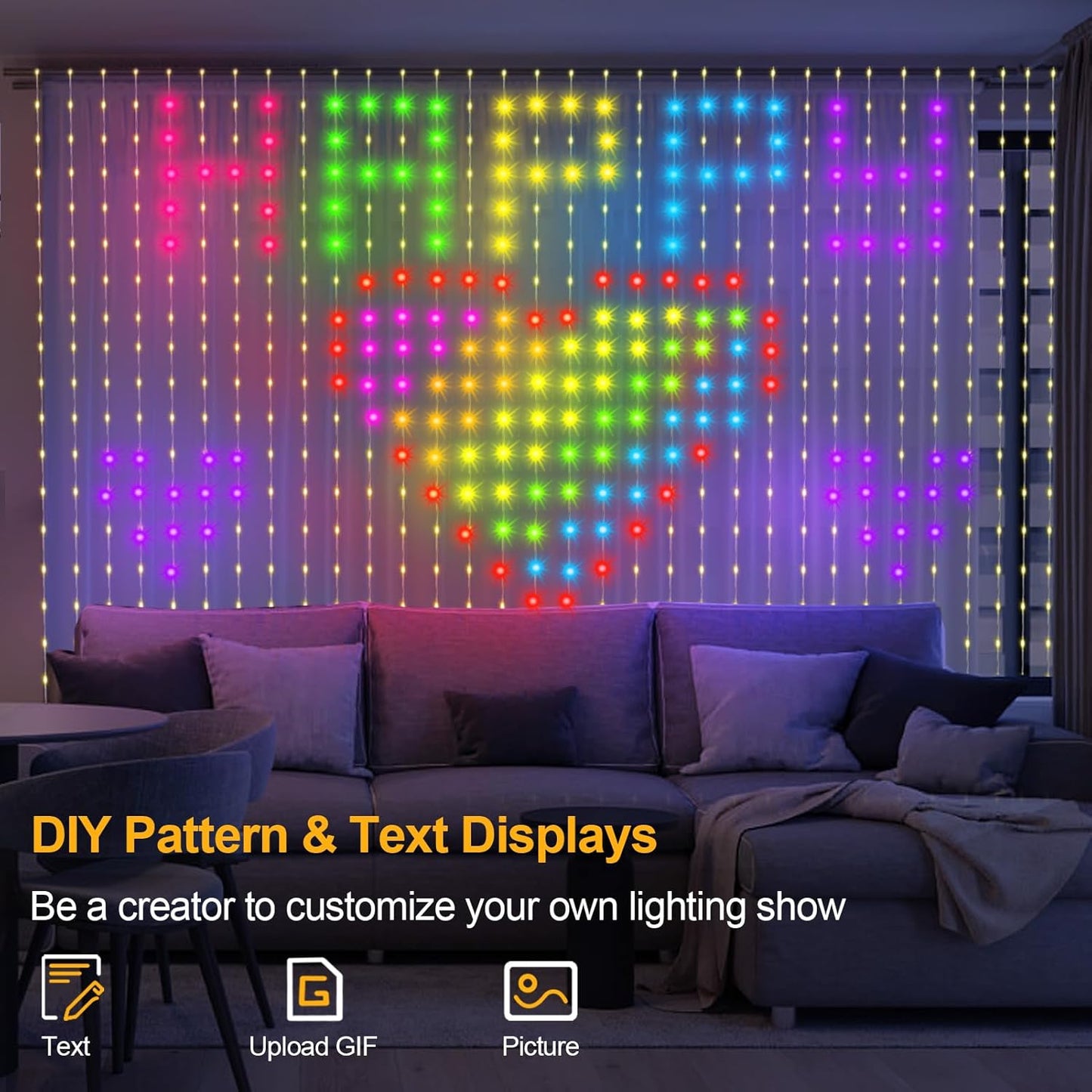 echosari Curtain Lights Plug in, 400 LED Smart Curtain Lights 6.6 x 6.6ft with APP & Remote RGB & IC DIY Pattern Music Sync for Bedroom Backdrop Decor