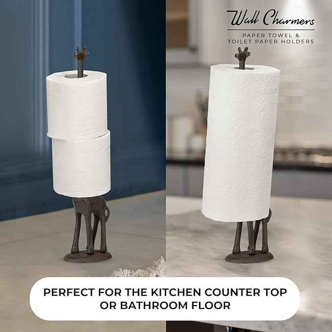 WallCharmers Rustic Paper Towel Holder, Metal Toilet or Kitchen Paper Holder for Floor or Countertop, Rustic Giraffe
