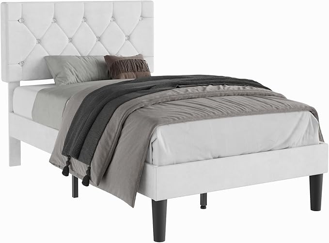 VECELO Twin Size Bed Frame with Diamond Tufted Headboard, Upholstered Platform Bedframe with Wood Slat Support, No Box Spring Needed, Velvet & White
