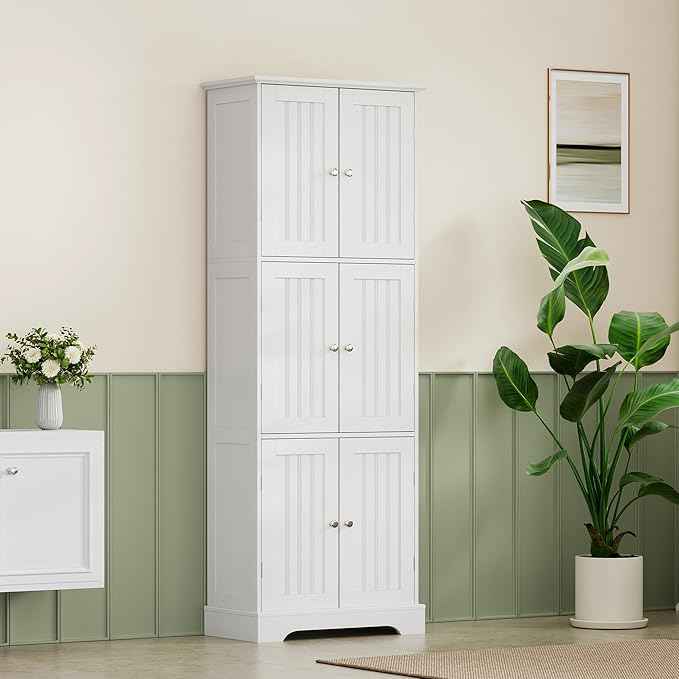 ChooChoo Tall Bathroom Storage Cabinet with 6 Doors, Freestanding Floor Cabinet with Adjustable Shelves, White Pantry Cabinet for Bathroom, Kitchen, Laundry Room