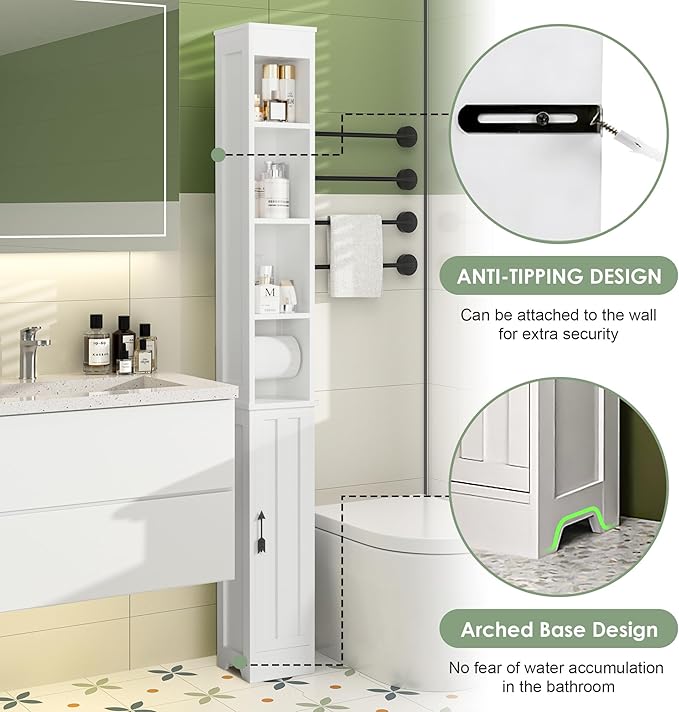 VECELO Tall Narrow Storage Cabinet with Adjustable Shelves, Slim Freestanding Bathroom Cabinet with Toilet Paper Holder, Magnetic Door, for Small Spaces, 7.9" D x 7.9" W x 71" H, Pearl White