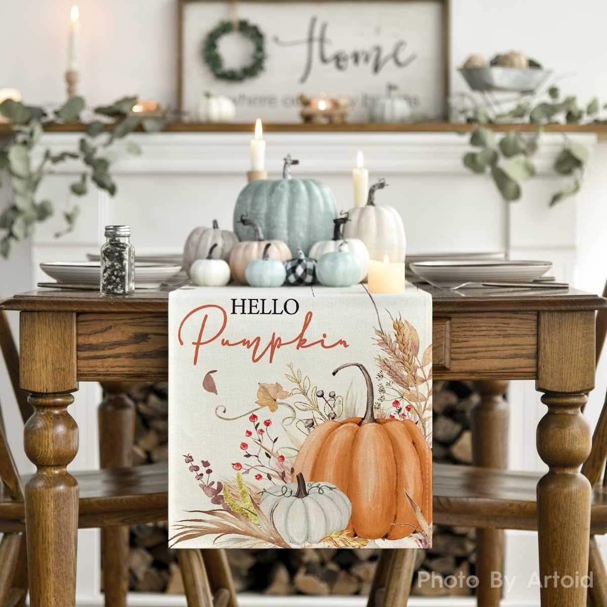 Artoid Mode Hello Pumpkin Flowers Leaves Thanksgiving Table Runner, Seasonal Fall Harvest Vintage Kitchen Dining Table Decoration for Indoor Outdoor Home Party Decor 13 x 36 Inch