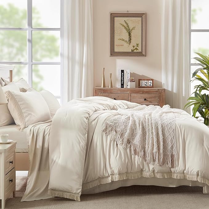 Andency Oversized King Comforter Set with Sheets 120x120 Beige - 7 Pieces Boho Tassel Bed in a Bag Soft Lightweight Bedding Sets, Fringe Bed Set with Comforter, Sheets, Pillowcases & Shams