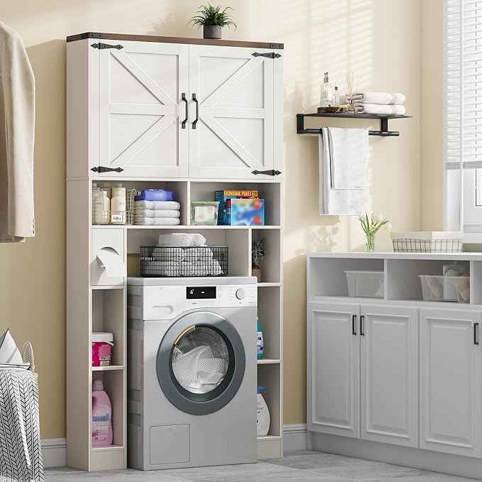 Over The Toilet Storage Cabinet, Farmhouse Storage Cabinet Over Toilet with 2 Barn Doors ，Toilet Paper Holder Stand，Home Space-Saving Toilet Rack, for Laundry, Restroom, Bathroom