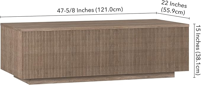 Henn&Hart 48" Fluted Rectangular Low-Profile Coffee Table with Ribbed Sides for Living Room, Family Room, or Office, Antiqued Gray Oak