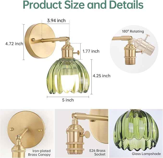 Vintage Battery Operated Wall Sconce with Green Tulip Glass Lampshade Rechargeable Battery Powered Wall Light with Remote Control for Bedside Bedroom Doorway, Set of 2