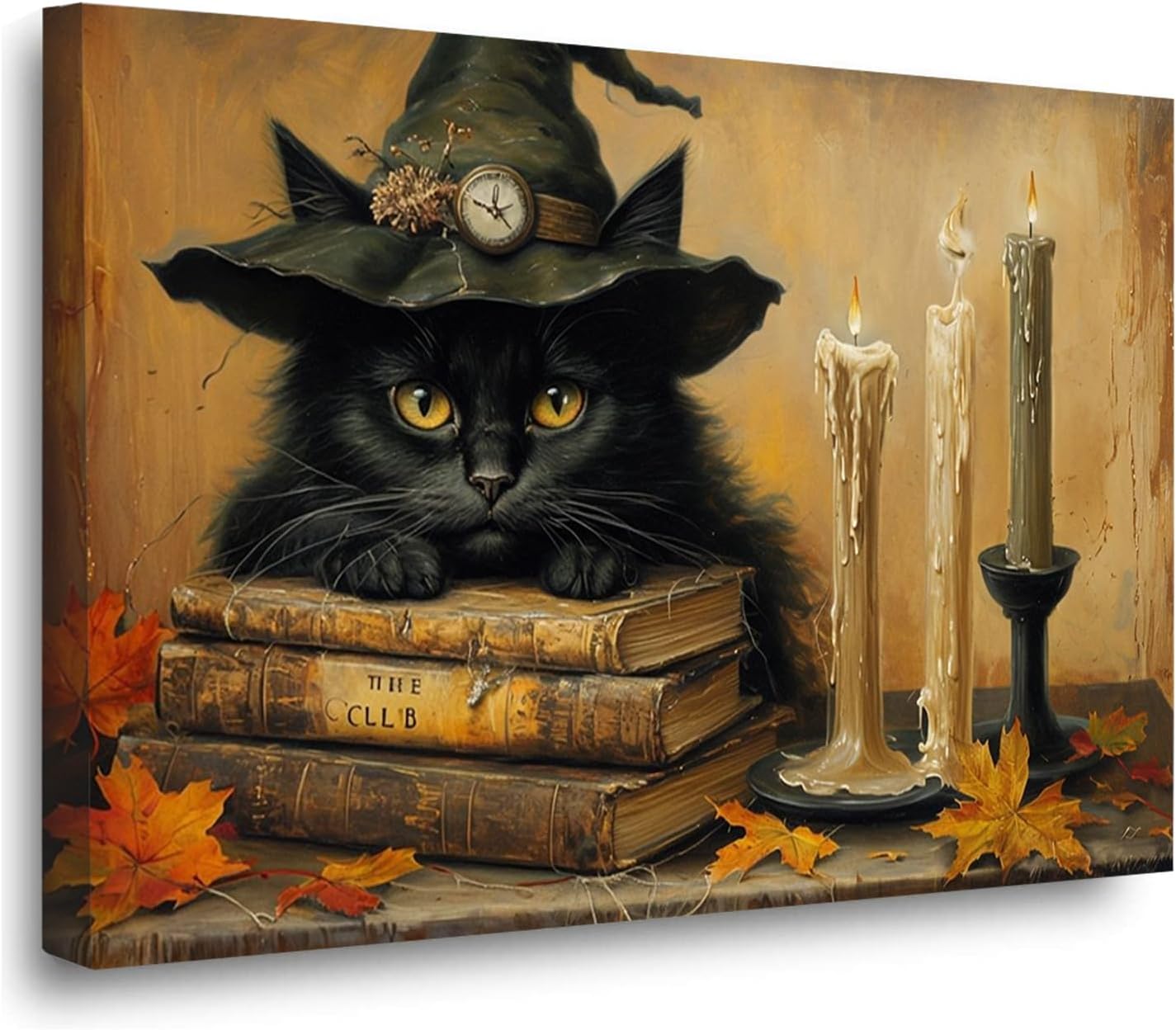 Vintage Halloween wall decoration black cat and magic book suitable for home bedroom living room decoration dark classic art witch wall decoration28x40in Wood Framed