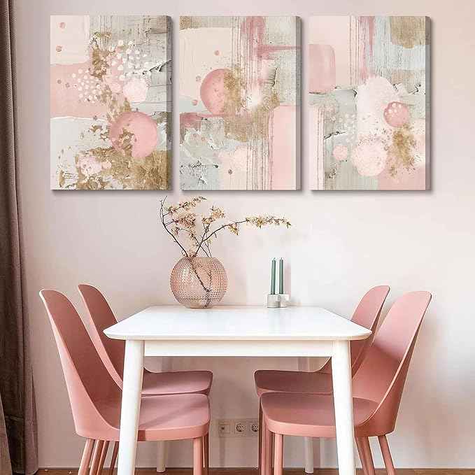 3Pcs Framed Pink and Gold Canvas Wall Art Abstract Posters Print Geometric Pictures Decor for Living Room Bedroom Bathroom Home Decoration