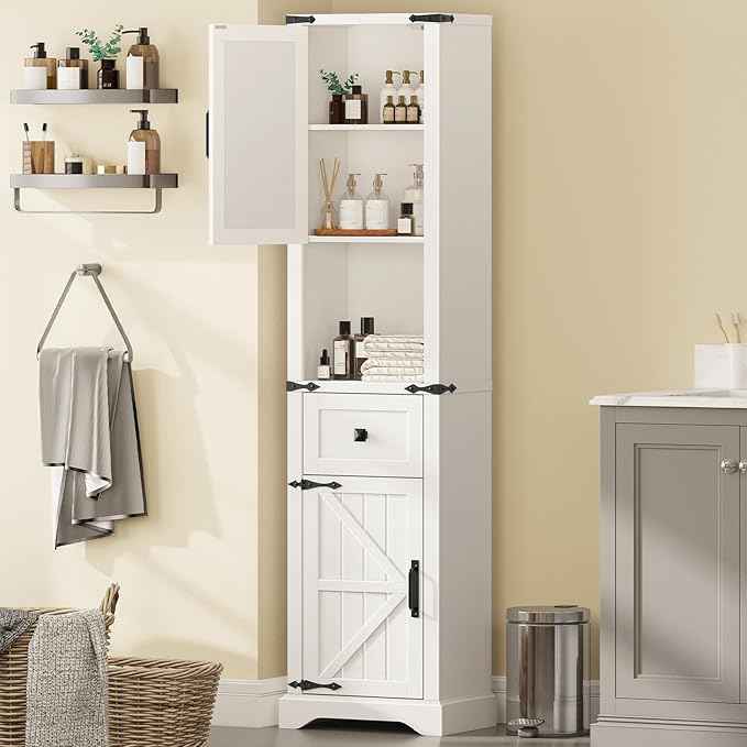 66" Tall Farmhouse Bathroom Storage Cabinet with Barn Doors and Drawer, Narrow Storage Unit, Adjustable Shelves & 5-Tier Space, Freestanding Cabinet for Bathroom, Living Room, Kitchen,Cream White