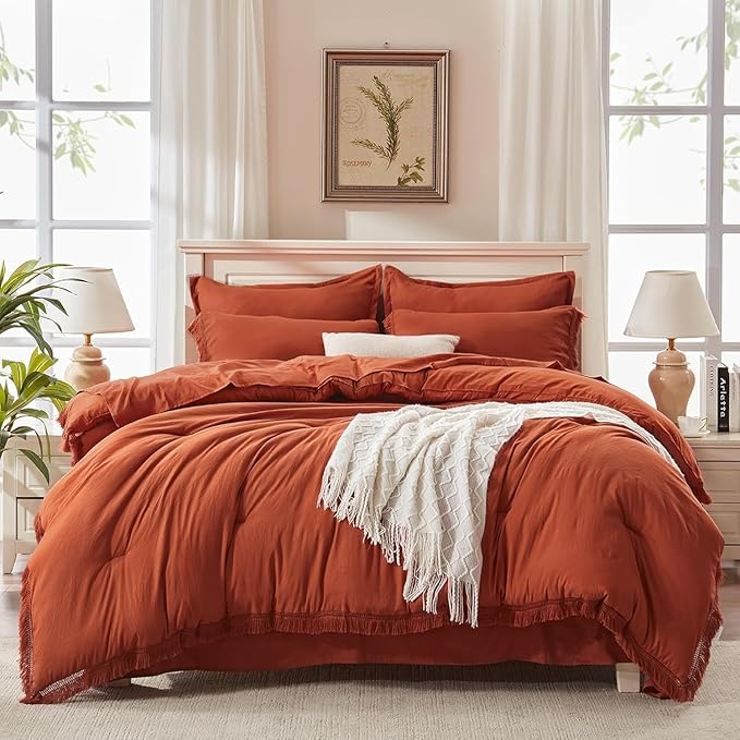 Andency Oversized King Comforter Set with Sheets 128x120 Terracotta - 7 Pieces Bed in a Bag Boho Soft Lightweight Bedding Sets, Tassel Bed Set with Comforter, Sheets, Pillowcases & Shams