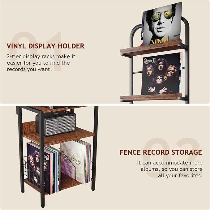 Record Player Stand with Power Outlet, Turntable Stand with 2-Tier Vinyl Record Storage, Record Player Table Up to 200 Albums, End Table for Vinyl Record Holder for Living Room
