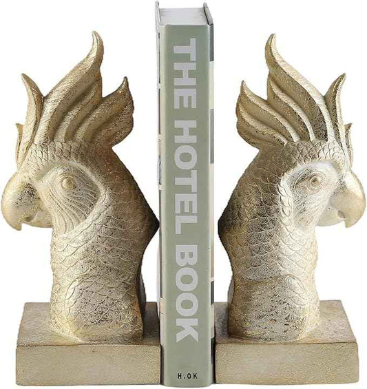 Golden Parrot Decorative Bookends,Set of 2 Cute Bird Animal Sculpture Book Ends to Hold Hevay Duty Books,Unique Resin Statues Book Stopper for Home Office Desk Bookshelf Decor