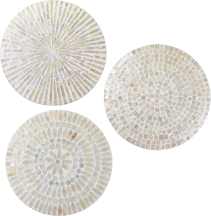 Tioncy 3 Pcs 11.8 Inches Mother of Pearl Shell Plate Coastal Wall Art Mosaic Wall Sculpture Shell Handmade Hanging Plates Arts for Halloween Christmas Bedroom Bathroom Home Office Hotel(White)