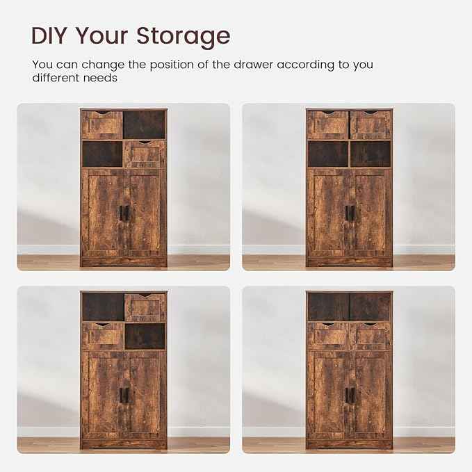 Iwell Storage Cabinet with 2 Drawers & Adjustable Shelves, Cupboard, Floor Cabinet for Living Room, Home Office, Rustic Brown