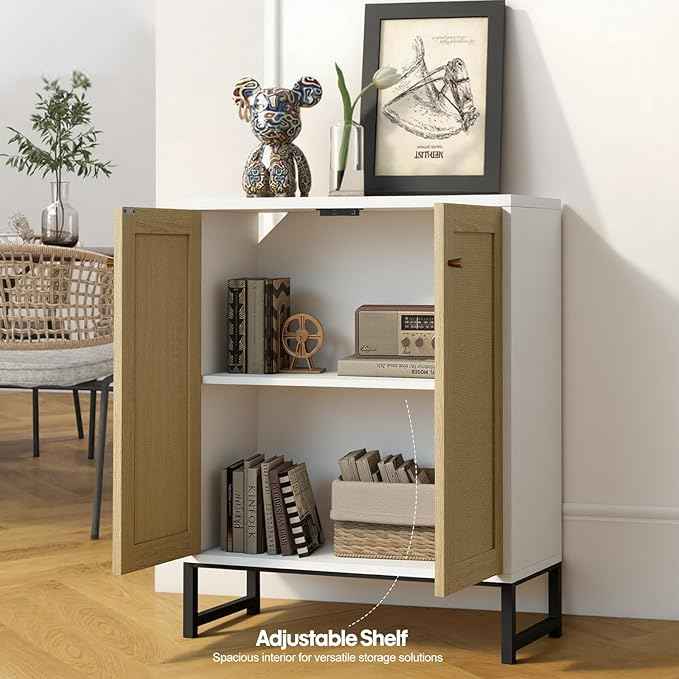 Panana Rattan Decorated 2 Doors Storage Cabinet Accent Cabinet Living Room Cupboard Kitchen Sideboard Buffet Table (White)