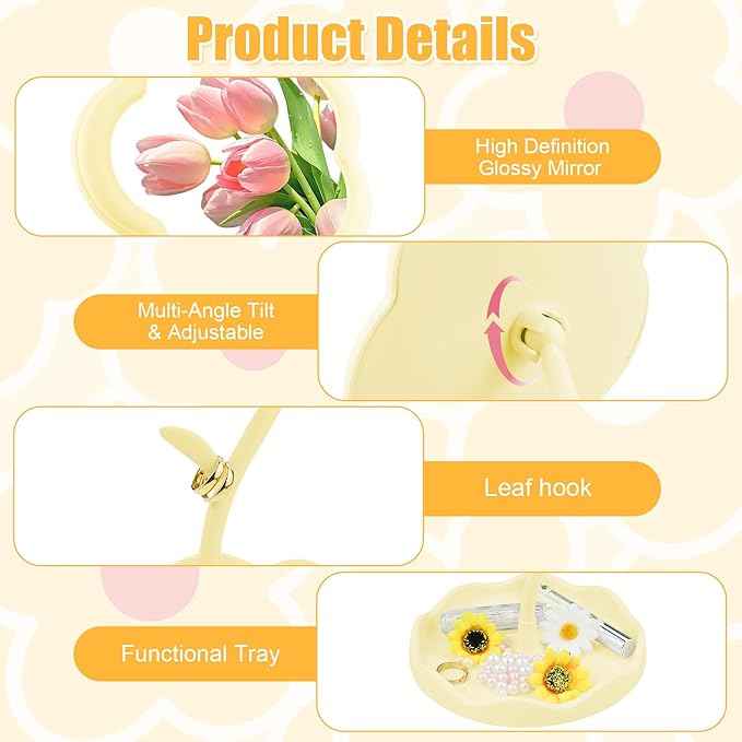 Yellow Desk Vanity Mirror Flower Compact Adjustable Desk Mirror Office Cubicle with Jewelry Tray & Foundation Brush, Cute Makeup Mirror with Standing, Home Decor for Bedroom Living Room Dormitory