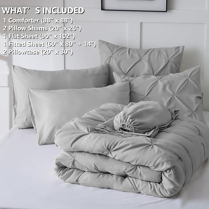 CozyLux Queen Comforter Set Light Grey, 7 Pieces Pintuck Bed in A Bag, Premium Gray Comforter Queen Size, Pinch Pleat Bedding Sets with Comforter, Sheets, Pillowcases & Shams