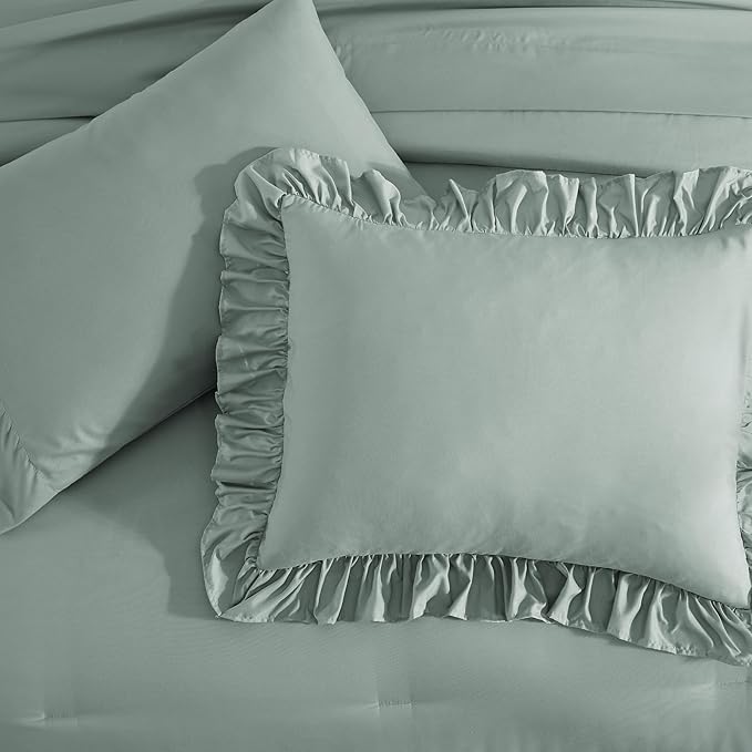 King Size Comforter Set Sage Green, Ruffle Shabby Chic Bedding Set Farmhouse 7 Pieces, All Season Fluffy Bed in a Bag with Sheets, Pillowcases & Shams