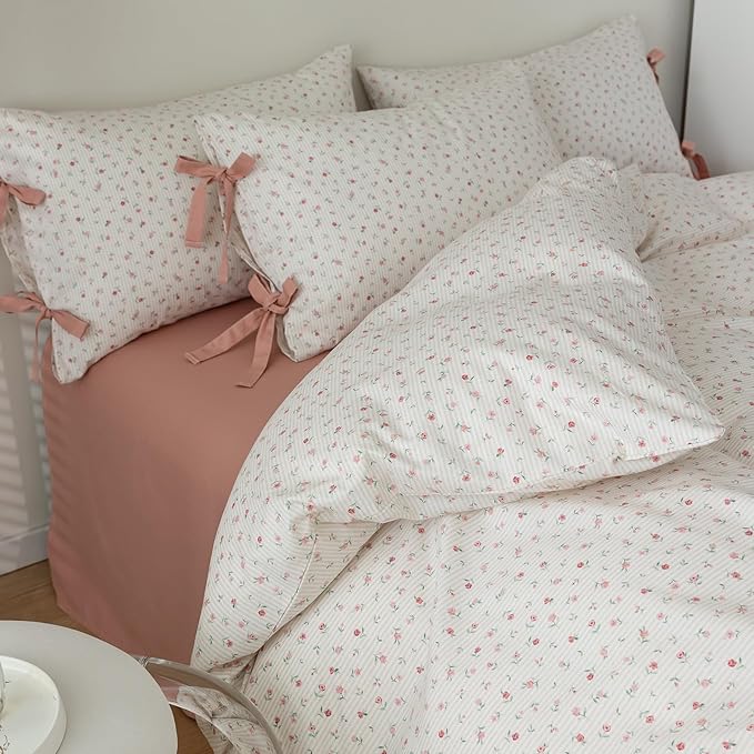 LifeTB King Size Comforter Set Garden Style Pink White Floral Comforter Set Cozy Aesthetic Bedding Cottagecore Comforter Vintage Botanical Flower Comforter with 2 Bow Ties Pillowcases Fluffy Bed Set