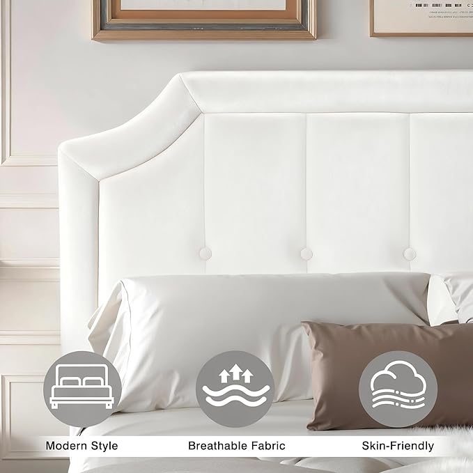 VECELO Queen Size Bed Frame with Velvet Upholstered Headboard, Platform Bedframe Mattress Foundation, Sturdy Wooden Slats Support,No Box Spring Needed Noise Free/Easy Assembly, White