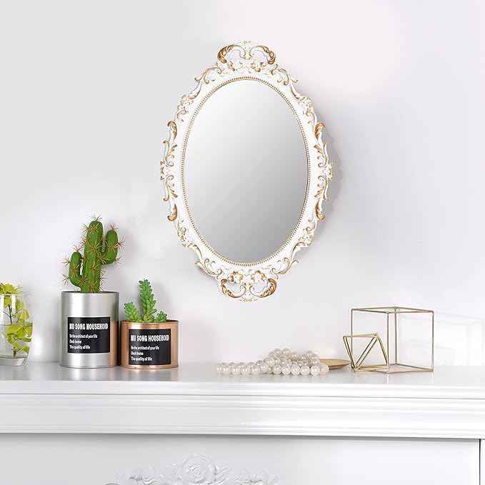 2 Pack - Vintage Decorative White Framed Mirror, Wall Hanging Mirrors & Tabletop Tray for Bedroom Living Room Dresser Decor, Oval- 9.6" W x 14.3" L (WHITE-2PACK)