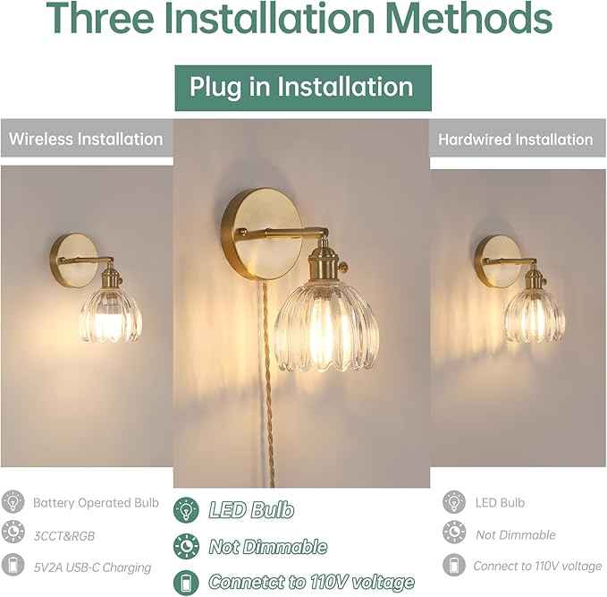 Plug in Wall Sconce, Transparent Tulip Glass Lampshade Wall Light Plugin Corded for Bedside Bedroom Doorway