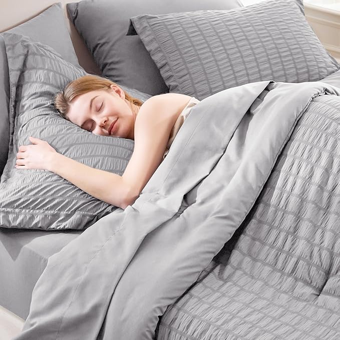 CozyLux Full Size Comforter Sets with Sheets 7 Pieces, Grey Seersucker Bed in a Bag Textured Luxury Soft Gray Bedding Set with Down Alternative Comforter, Sheets, Pillowcases & Shams for All Seasons