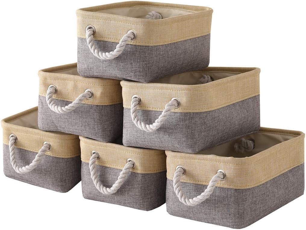 TheWarmHome Storage Baskets for Organizing - 11.8x7.8x5.2 inch Small 6 Pack Storage Bins for Shelve, Farbic Storage cubes Organizer for Baby Toys Nursery (Gold & Grey)
