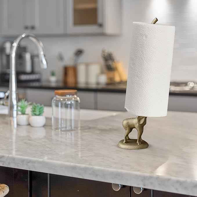 WallCharmers Gold Paper Towel Holder, Metal Toilet or Kitchen Paper Holder for Floor or Countertop, Gold Elephant
