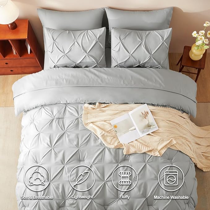 CozyLux King Size Comforter Set Light Grey, 7 Pieces Pintuck Bed in A Bag Gray Comforter King Size, Pinch Pleat Bedding Set with All Season Comforter, Sheets, Pillowcases & Shams