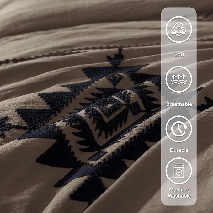 MaiRêve Embroidery Queen Size Comforter Set Taupe Grey, Boho Farmhouse Western Bedding Set 7 Pieces, All Season Bed in A Bag Comforter Set with Sheets, Pillowcases & Shams