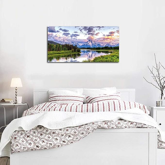 Landscape Canvas Wall Art Nature Picture Oxbow Bend Grand Teton National Park Modern Canvas Artwork River and Forest Contemporary Wall Art Large Size for Home Office Decoration 20" x 40"