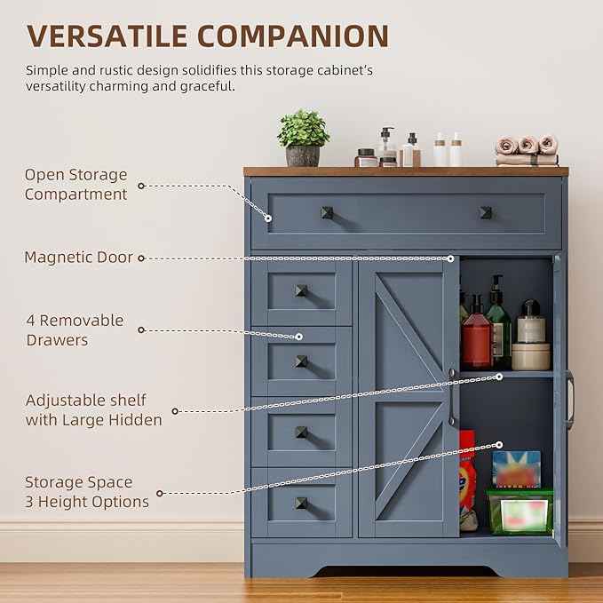 Vabches Farmhouse Storage Cabinet with 2 Doors and 5 Drawers, Freestanding Bathroom Cabinets Kitchen Pantry, Floor Storage Cabinet Hutch Cupboard for Living Room/Bathroom/Kitchen.Blue
