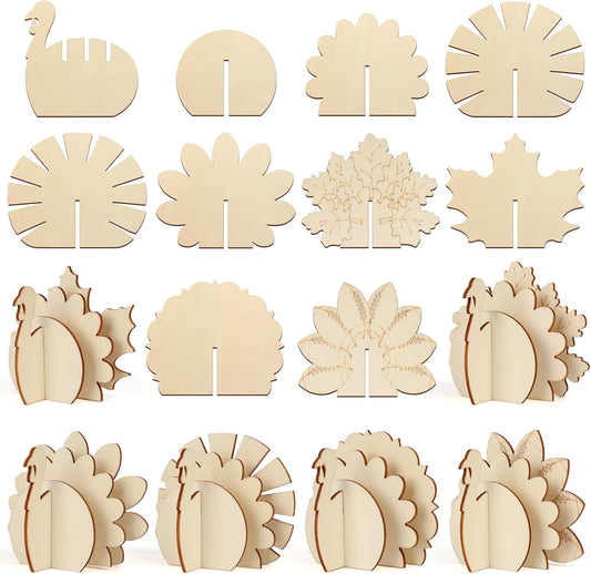COCHIE DIY 3D Turkey Thanksgiving Wood Crafts to Paint for Kids Adults, Paintable Unfinished Wooden Slices for Craft, Fall Cutouts Ornaments for Painting Decorations 24 PCS Formed Into 6 Turkeys