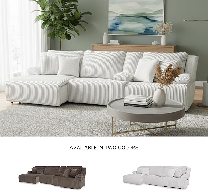 Signature Design by Ashley Top Tier Casual Manual Left-Arm Facing 4-Piece Reclining Sectional with Chaise, Console, Storage, 2 Cup Holders and 4 Accent Pillows, Light Gray