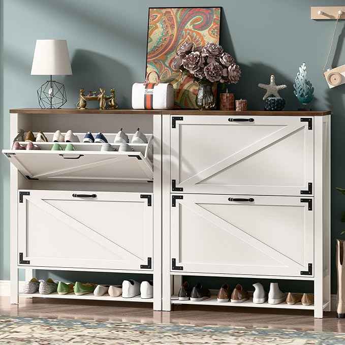 Vabches Shoe Storage Cabinet, 5-Tier Farmhouse Freestanding Organizer with 2 Flip Drawers, Wooden Shoes Rack Cabinets Storage Organizer with Doors for Entryway, Hallway, Closet, Rustic White