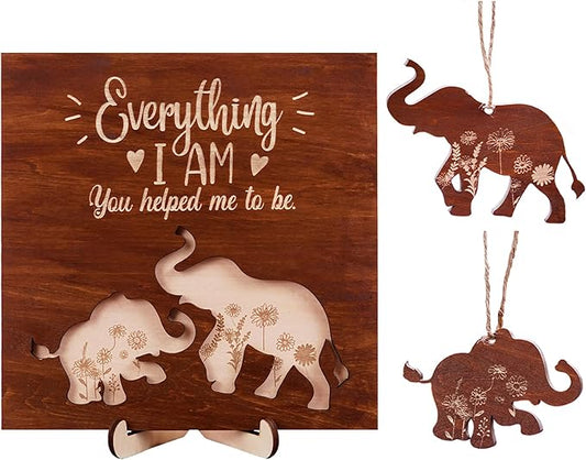 Elephant Wooden Frame Gifts for Mothers Day Mom Mama Elephant Sign Wall Decor Animal Plaque Father's Day Birthday Friendship Family Christmas Gifts for New Mom Nana Grandma from Son, Daughter HF88