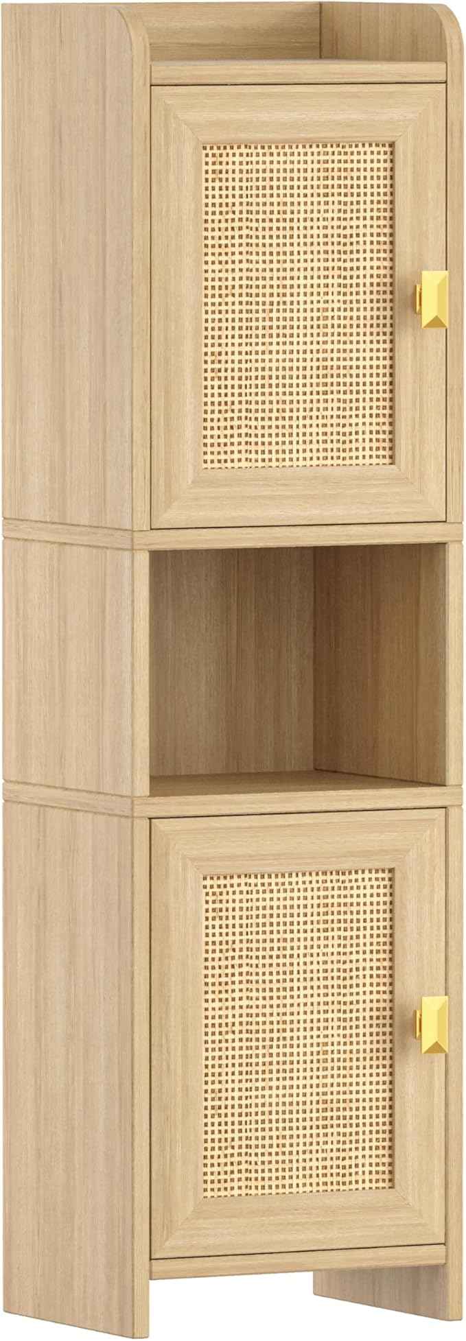 Rattan Small Bathroom Cabinet with 2 Doors, 7.9''D x 9.8''W x 34.8" H Narrow Floor Cabinet with Adjustable Shelf, Bathroom Organizer for Small Spaces, Wooden Corner Unit, Natural Oak