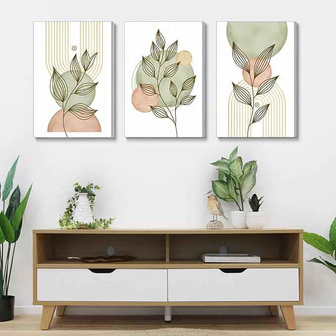 3Pcs Framed Sage Green Boho Canvas Wall Art Modern PinkBotanical Posters Print Abstract With Leafr Pictures Wall Decoration For Living Room Bedroom Bathroom