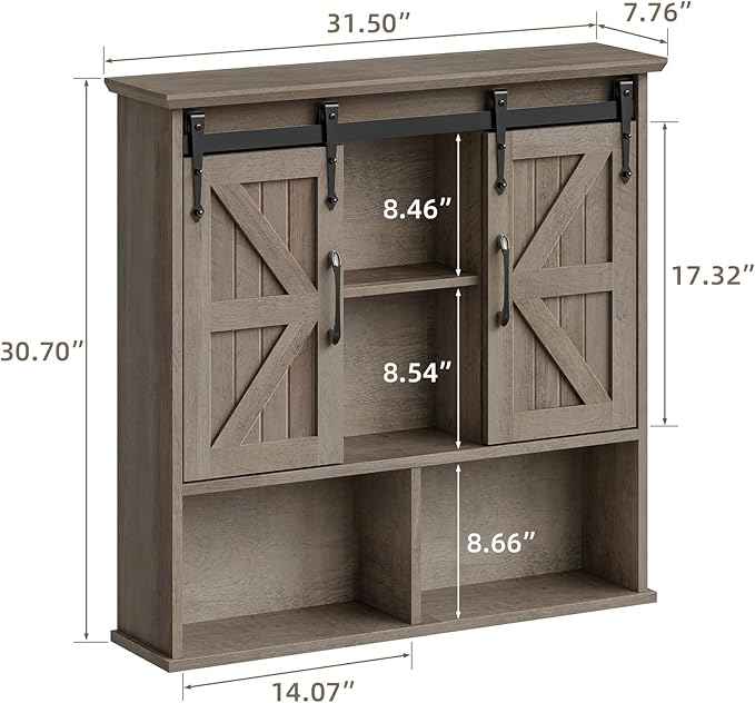 Vabches Bathroom Wall Cabinet, Farmhouse Wooden Medicine Cabinet with Double Sliding Barn Door and Adjustable Shelves, Farmhouse Storage Cabinet Wall Mounted for Bathroom, Kitchen Dining, Washed Oak