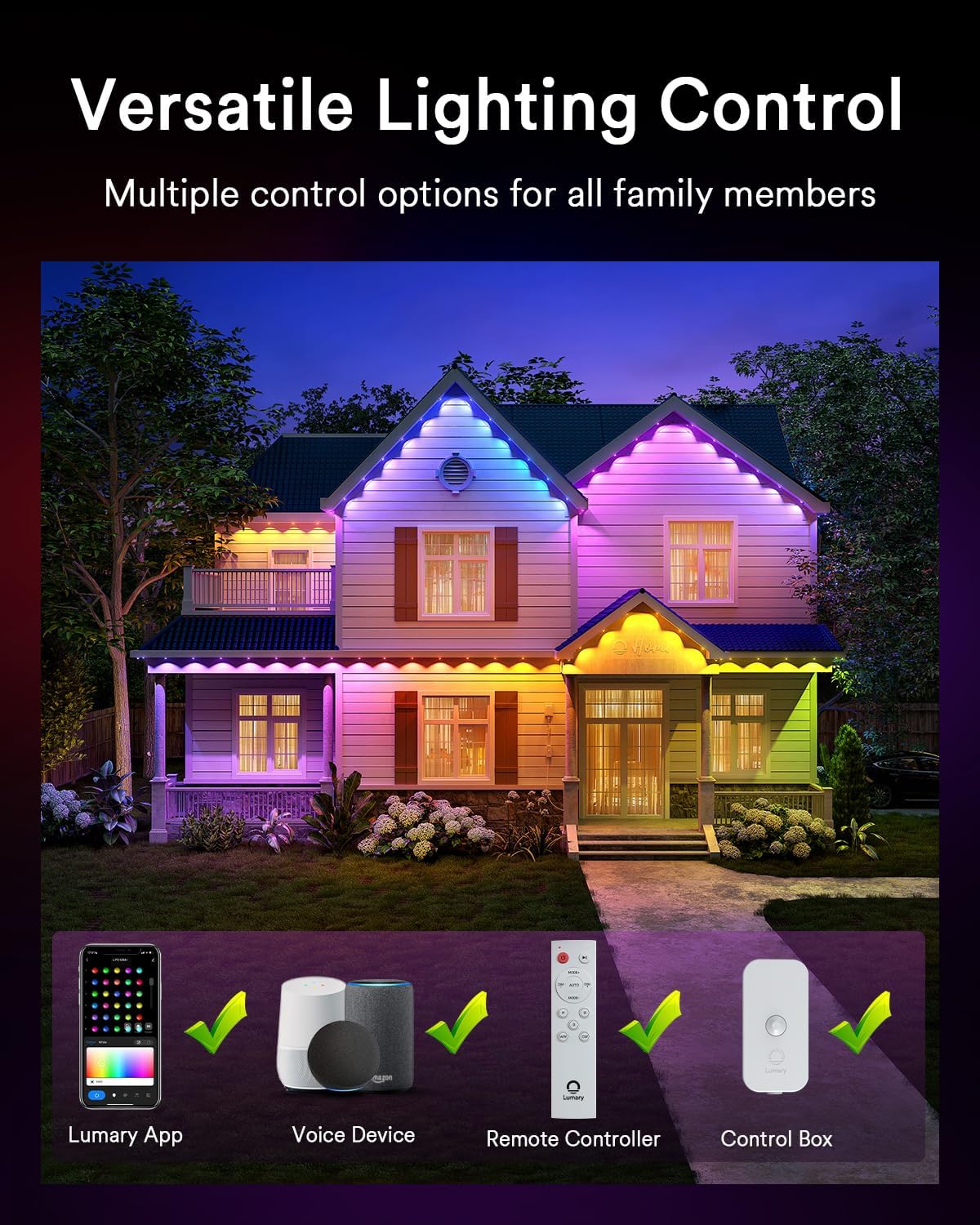 Lumary Permanent Outdoor Lights Max 158ft with 120 LED Eave Lights RGBAICW 7200lm, IP67 Waterproof, IC Control and Scene Modes for Halloween Christmas Decoration, Works with Alexa and Google Assistant