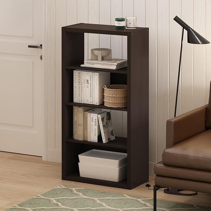 Furinno Viola Book Shelf, 4-Tier Bookshelf, Extra Thick Frame Bookcase with Open Shelf, Open Back Design, 11.3" x 23.2" x 45.4", for Living Room, Bedroom, Home Office, Black Dark Oak