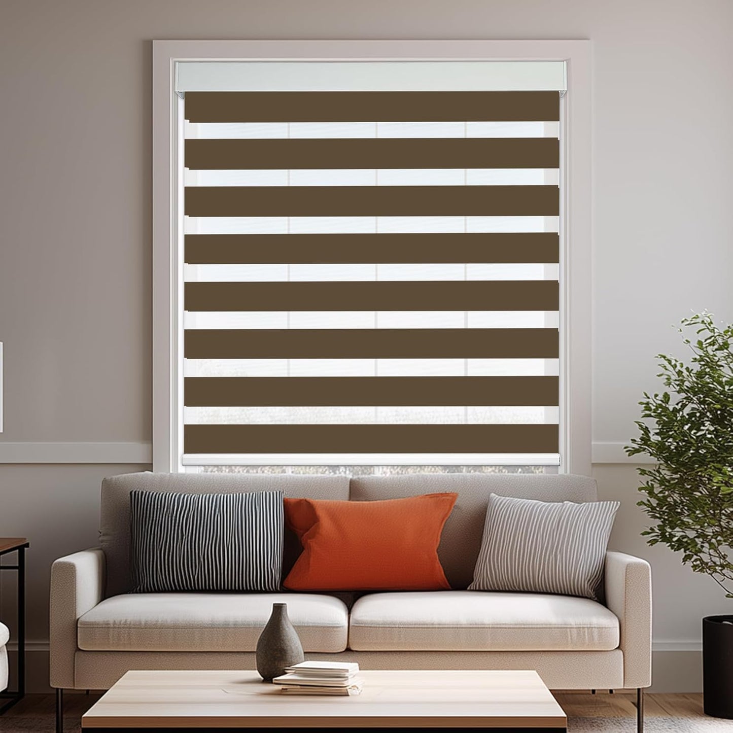 HESTIA Cordless Zebra Blinds Light Filtering Roller Shades UV Blocking Blackout Privacy Indoor Window Shades for Home Office Day and Night, Brown,37" W x 48" H