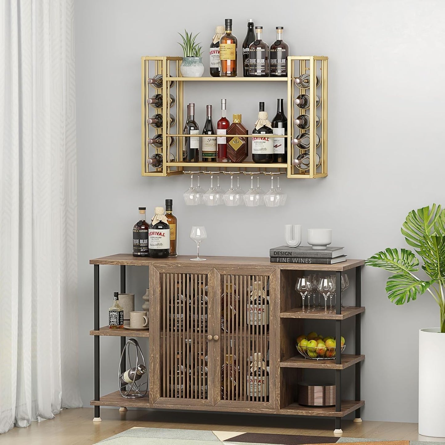 Wall Mounted Wine Rack, Hanging Floating Bar Liquor Shelves with Glass Holder, Metal Bottle Holder Wine Storage Display Shelf for Home Bar, Gold (47.2”W x 9.8”D x 21.65”H)