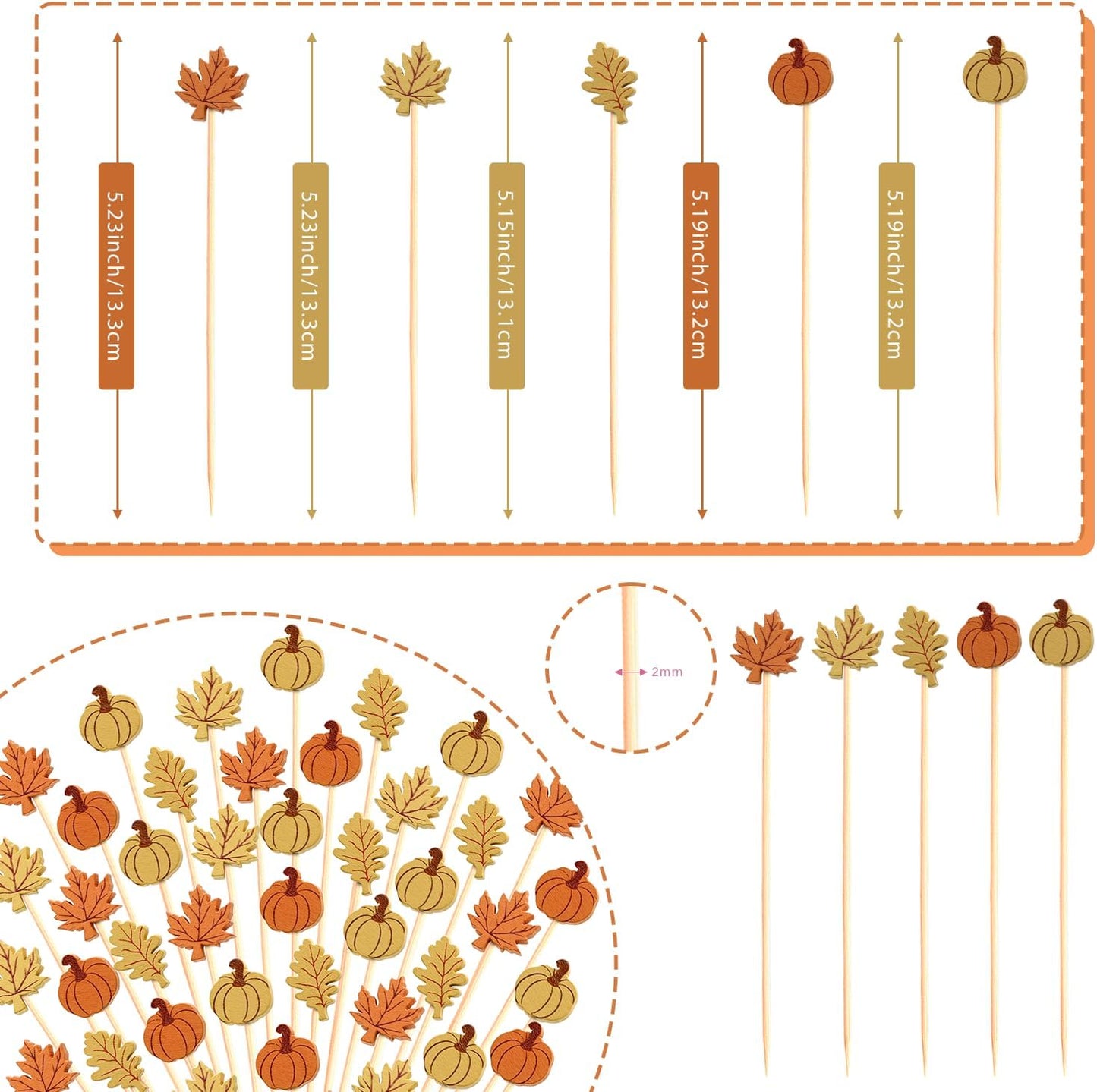 Fall Cocktail Picks Pumpkin Maple Leaf Assorted Autumn Theme Toothpicks Fruit Drinks Dessert Sticks Food Sandwich Appetizer Charcuterie Skewers, for Thanksgiving Decorations Party Supplies (100)