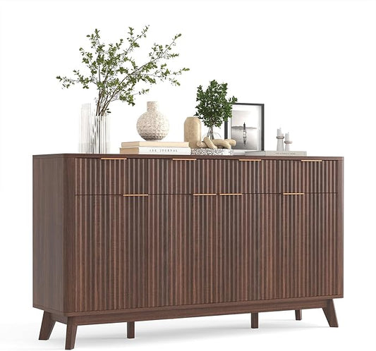 IDEALHOUSE 60" Large Farmhouse Sideboard Buffet Cabinet with Storage Drawers & Adjustable Shelves, Wood Fluted Buffet Storage Cabinet & Coffee Bar Console Table for Living Room & Kitchen Dining Room