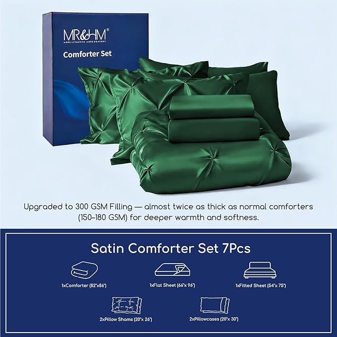 MR&HM Satin Comforter Full 7 Pieces - Luxurious Pinch Pleat Bedding Set with Comforter, Flat Sheet, Fitted Sheet, Pillowcases & Shams, Super Silky Soft Bed Set for All Season (Full, Dark Green)